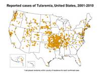 Reported cases of Tularemia in the United States, 2001-2010. Concentrated area of cases in Missouri, Arkansas and easter Kansas and eastern Oklahoma