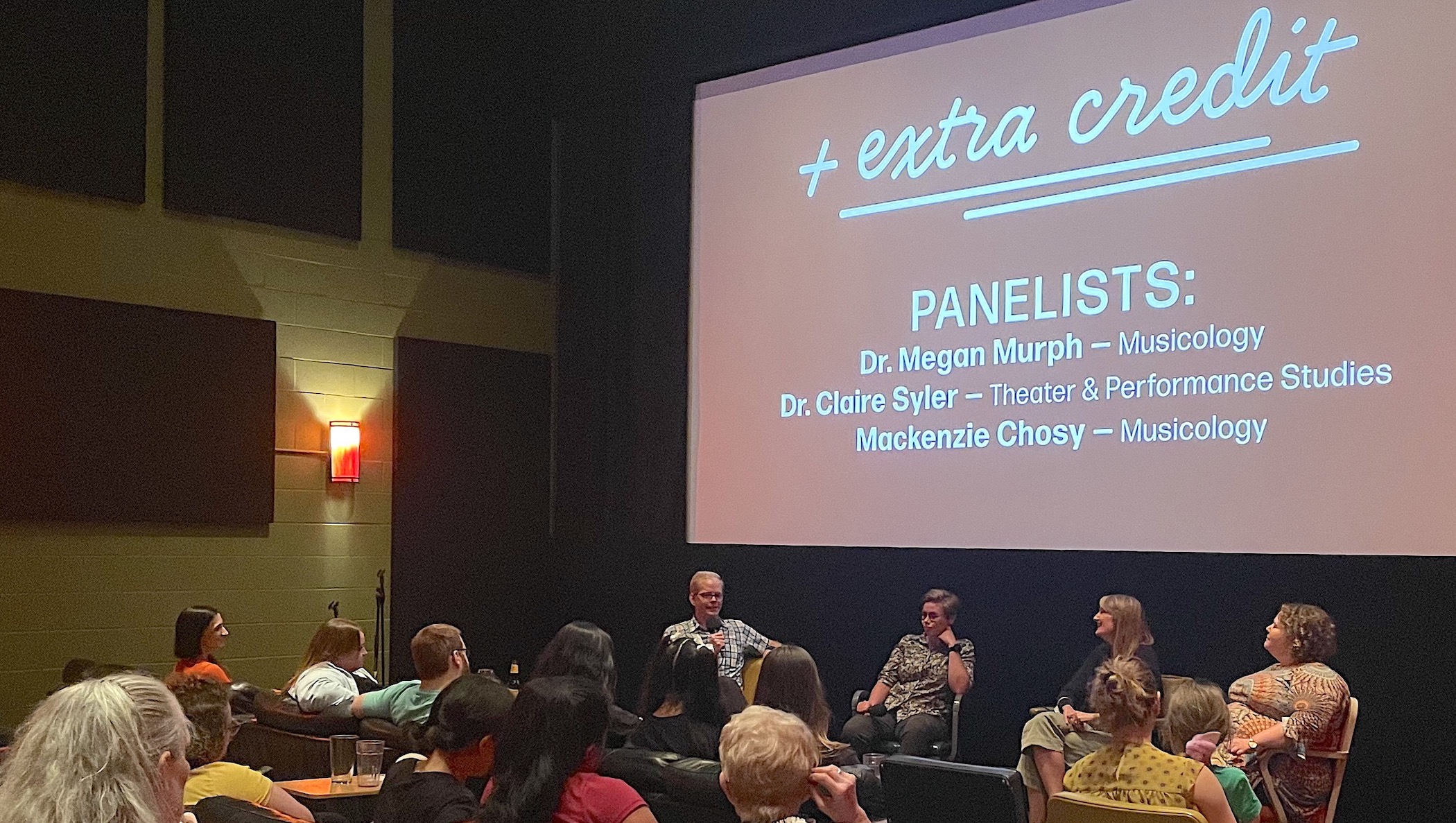 Panelists for August's Extra Credit film series were Mackenzie Chosy, a MU master’s student in musicology and euphonium performance; Megan Murph, director of the Budds Center for American Music Studies and visiting assistant professor of musicology; and Claire Syler, assistant professor of theatre. The panel answers questions from audience members.