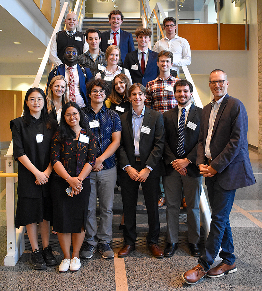 Above are students from seven colleges and schools who competed in September for a spot in the Entrepreneur Quest program led by Greg Bier, first row, far right.