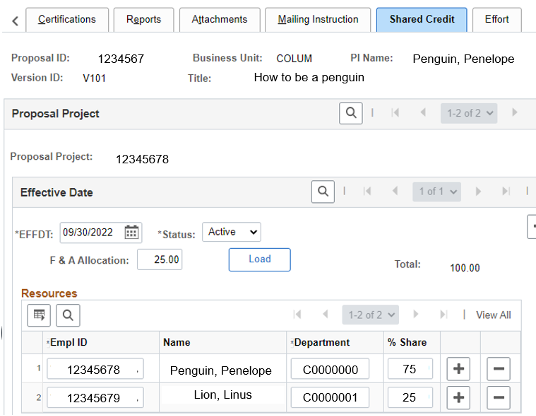 screenshot of PeopleSoft grants module, Shared Credit tab