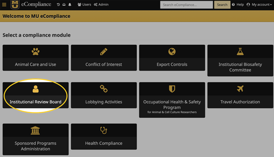 a screenshot showing the Institutional Review Board location within eCompliance