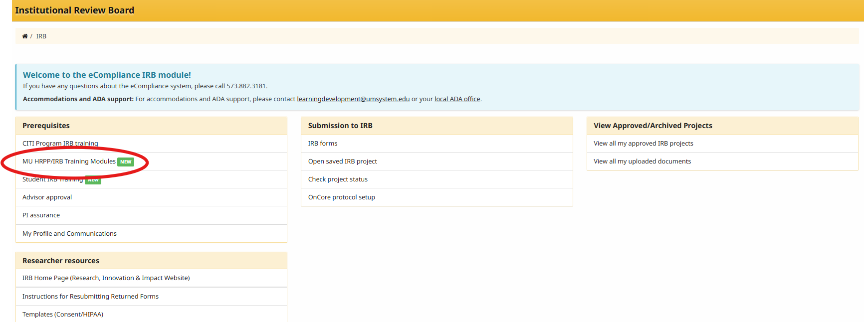 IRB training module dashboard with correct module circled.