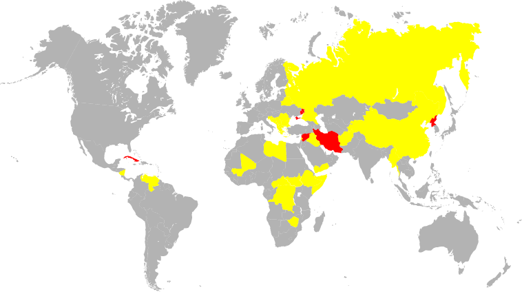 world map with red and yellow regions highlighting sanctions