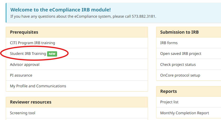 Screen capture showing where to find IRB training