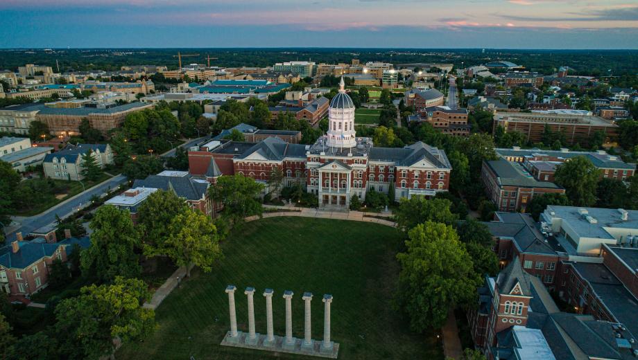 Aerial photo of the Columns and Jesse Hall.