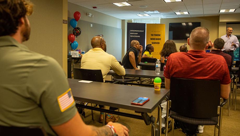 Participants listen to Greg Bier at Mizzou's Entrepreneurship Bootcamp for Veterans.