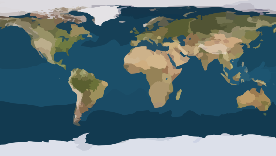 Map of the world with land in green and brown, and oceans in blue.