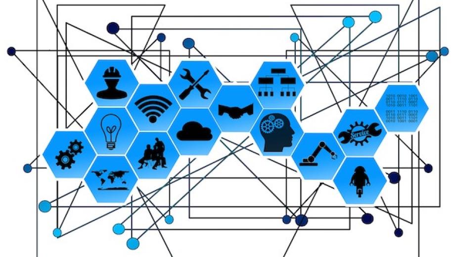 Graphic shows the connectiveness of the Internet of Things, from information technology to cybersecurity.