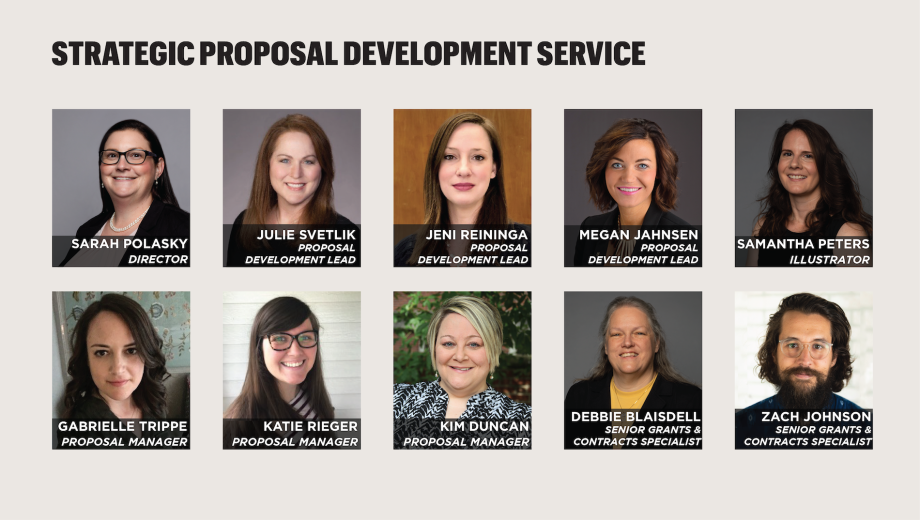 Graphic includes headshots of all 10 members of the Strategic Proposal Development Service: Sarah Polasky, director; Julie Svetlik, Jeni Reininga and Megan Jahnsen, proposal development leads; Samantha Peters, illustrator; Gabrielle Trippe, Katie Rieger and Kim Duncan, proposal managers; and Debbie Blaisdell and Zachary Johnson, senior grants and contracts specialists.