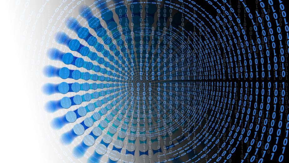 Graphic shows a series of ones and zeros in a spiral to represent the coding involved with big data.