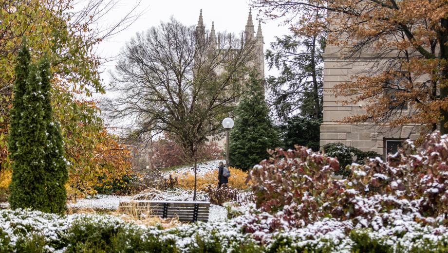 Mizzou campus with light snow and Memorial Union in the background