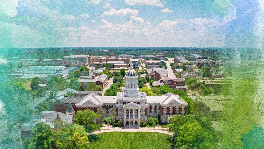 Aerial shot of University of Missouri campus with focus on Jesse Hall rendered as an water-color painting.