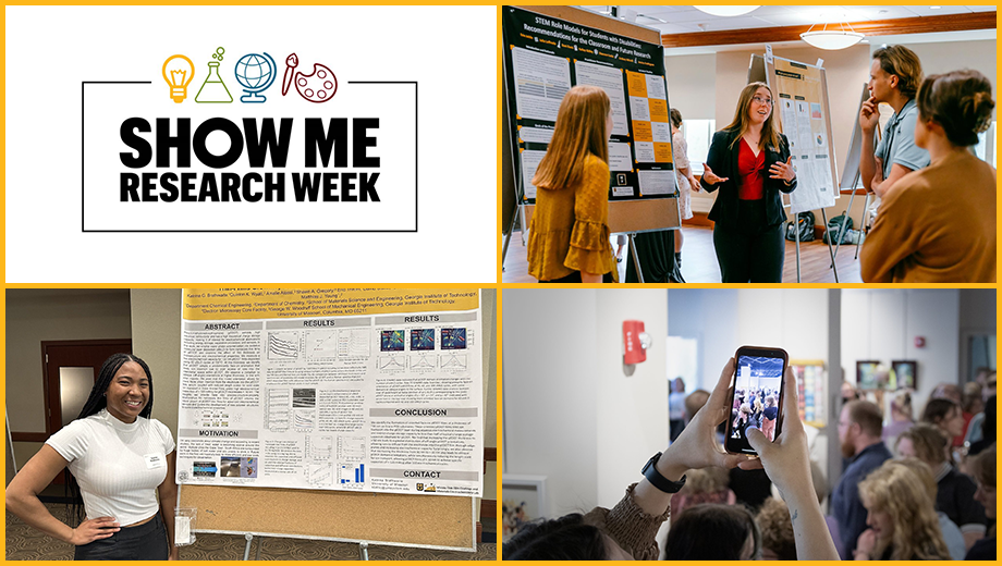 Show Me Research Week graphic with four photos that show either students presenting posters at research poster forum and taking photo with smart phone at visual arts showcase.