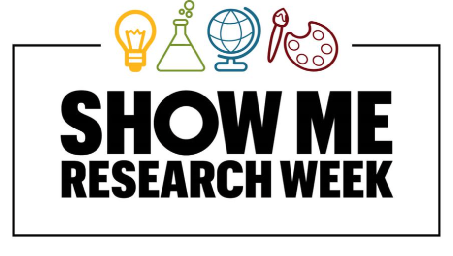 Show Me Researach Week logo with graphics of light bulb, beaker, globe and paint pallette.