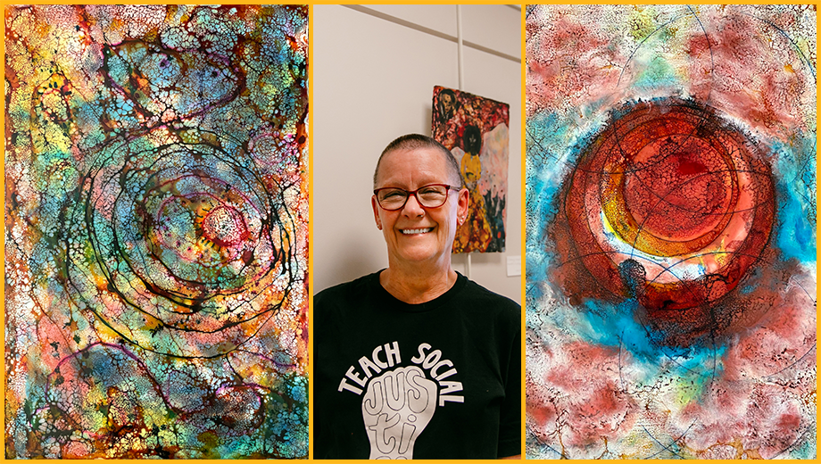 Linda Helmick is shown with two paintings from her show “A Legacy of Love.”