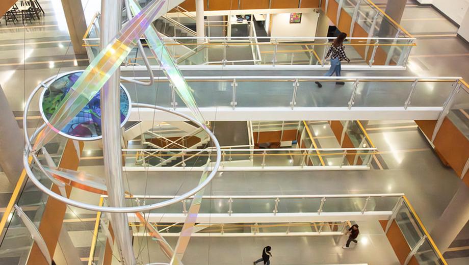 From the fifth floor of the Bond LSC, one can look down and see the bridges that connect each part of the facility, fostering daily interactions for connection and collaboration.