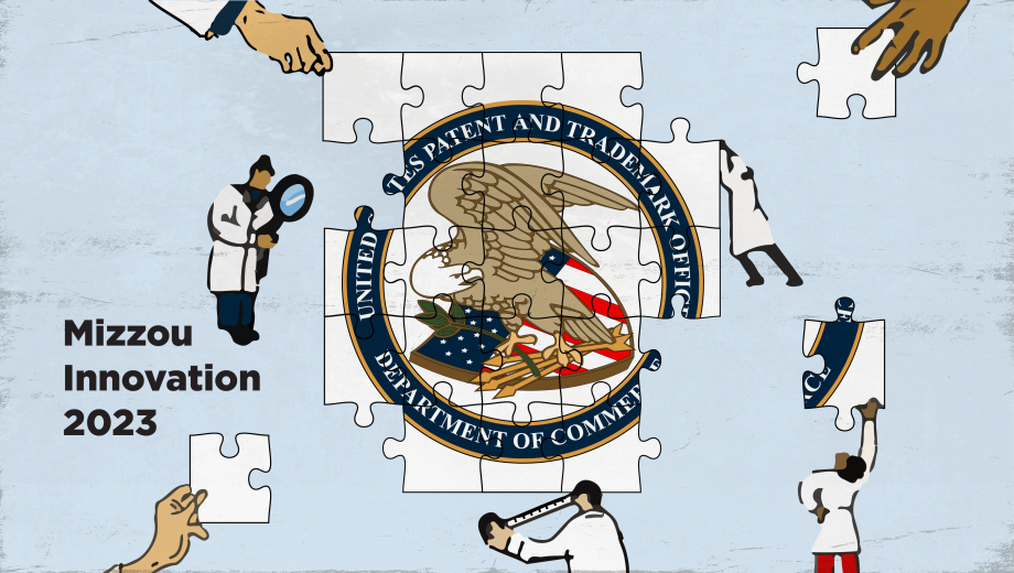 Mizzou Innovation 2023: Illustration shows scientists completing a puzzle of the U.S. patent seal.