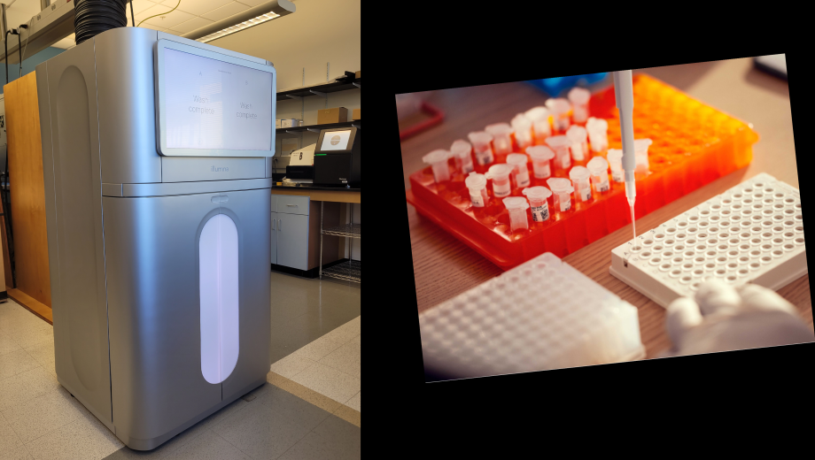 Left, Illumina NovaSeqX sequencer; right, scientist in lab