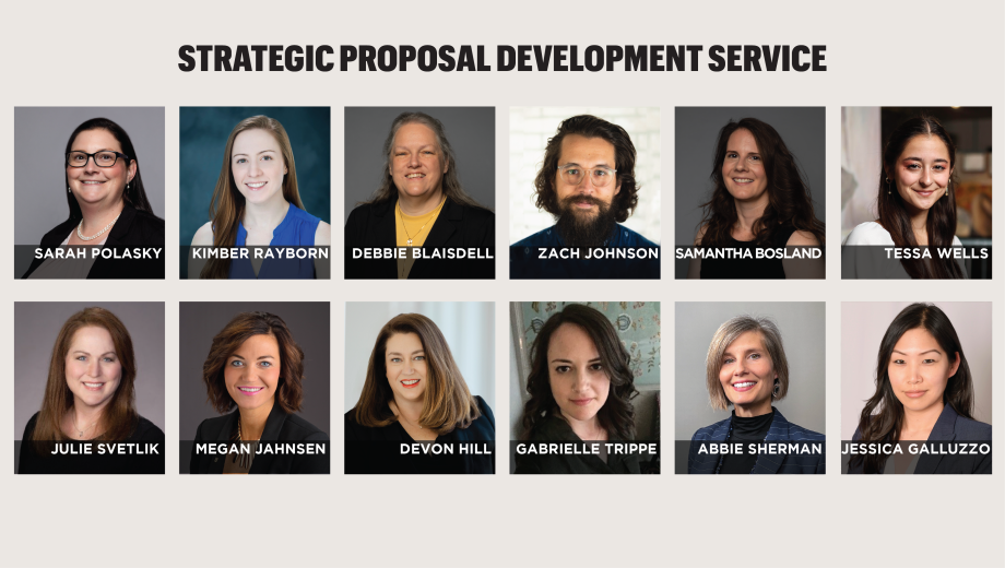 Top: Sarah Polasky, director; Kimber Rayborn, principal grants and contracts specialist; Debbie Blaisdell and Zach Johnson, senior grants and contracts specialists; Samantha Bosland and Tessa Wells, proposal illustrators. Bottom: Julie Svetlik, Megan Jahnsen and Devon Hill, proposal development leads; Gabrielle Trippe and Abbie Sherman, proposal managers; and Jessica Galluzzo, grants and contracts specialist. Not pictured: Kimberly Duncan, proposal manager.