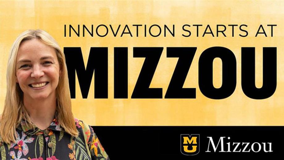 Kelsey Raymond with "Innovation Starts at Mizzou" and Mizzou logo