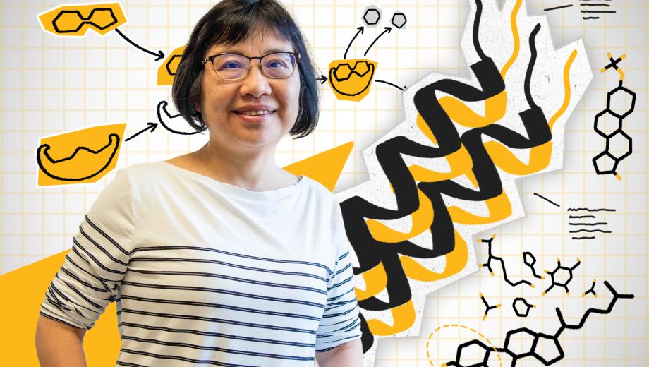 Xiaoqin Zou in front of illustrated protein structures