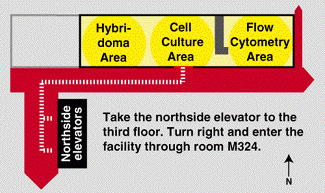 Medical Sciences Building third floor map. Take northside elevator to the third floor. Turn right and enter the facility through room M324.