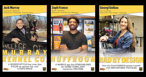Posters of three students ventures that competed in EQ: Murray Kennel Co., Nuffroom and Rad by Design