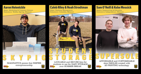 Posters of three student ventures that competed in EQ: Skypig, Student Storage and Supersole
