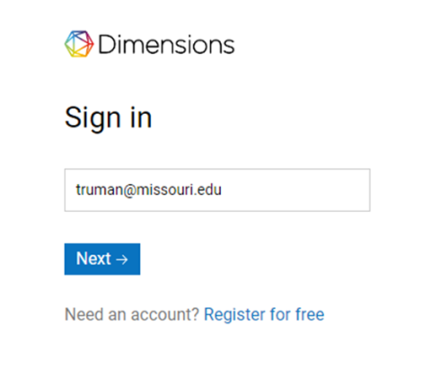 screenshot for signing into Dimensions