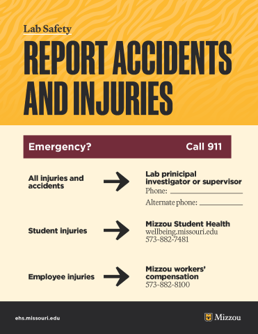 Lab safety: Report Accidents and Injuries; link goes to PDF of poster.