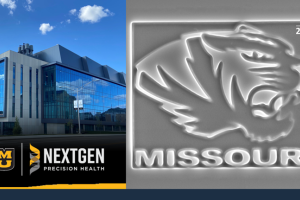 Image of NextGen Precision Health building and created image of tiger head