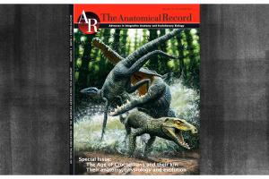 Image contains cover of The Anatomical Record, The Age of Crocodilians and their kin: Their anatomy, physiology and evolution, with prehistoric croc attacking dinosaurs.