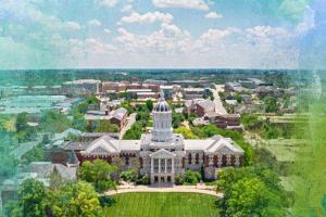 Aerial photo of the University of Missouri campus rendered as a water-color painting.