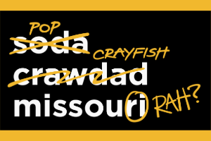Soda, scribbled out and replaced with POP, crawdad scribbled out and replaced with CRAYFISH, and missouri with the last two letters circled and the letters RAH? next to it. Under those it says Q&A with Matthew Gordon, author of the Origins of Missouri English