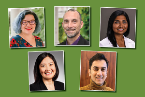 Headshots five faculty fellows. TTop row: Cynthia Dudenhoffer, Steven Krauss and Bornali Kundu. Bottom row: Shuangyu Xu and Faizan Shafique.