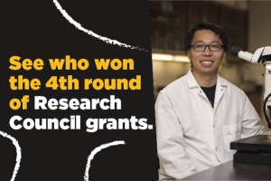 See who won the 4th round of Research Council grants with Peng Tian, assistant professor of plant science and technology, sitting by a large microscope.
